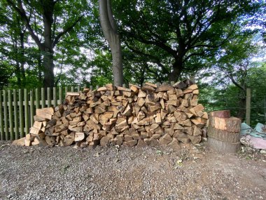 A pile of cut wooden logs, with trees in the background, on the outskirts of, Bradford, Yorkshire, UK