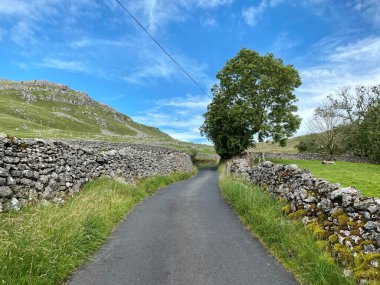 Country lane, running next to Gordale Scar, with long grass, trees, and a blue sky in, Malham, Skipton, UK