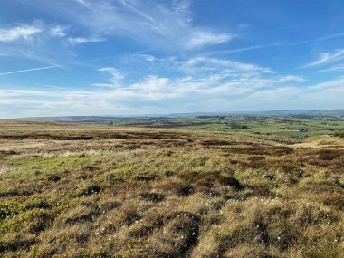 Moorland, on the hills near Haworth, with fields in the distance. 