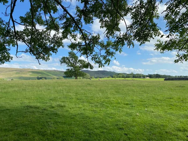 Landscape view of fields and meadows, looking toward Bolton Abbey, from Rylstone, Skipton, UK