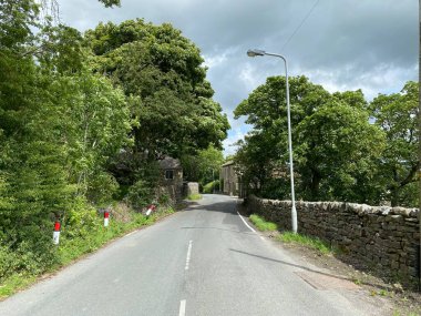 Country road, with old trees and dry stone walls, leading to, Kildwick, Keighley, UK