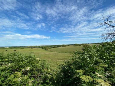Landscape view over fields and meadows near, Tong, Bradford, Yorkshire, UK