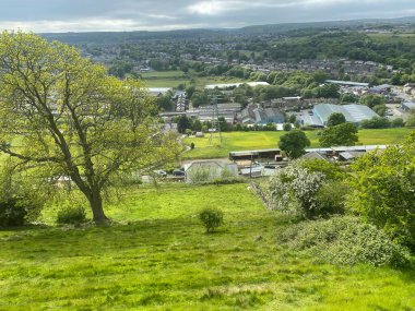 A view of the outskirts of Halifax U.K. with trees, houses, and buildings