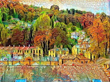 Hebden Köprüsü sonbaharda, ağaçlarla ve dijital sanat eserleriyle