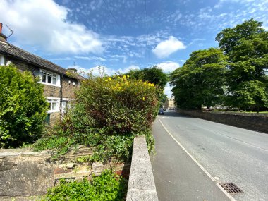 Yol kenarı manzaralı, Skinner Lane, eski kulübeleri, ağaçları ve mavi gökyüzüyle Bradford, Yorkshire, İngiltere