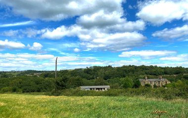Kırsal alan, yabani çiçekler, tarlalar ve evler ile, Mirfield, İngiltere