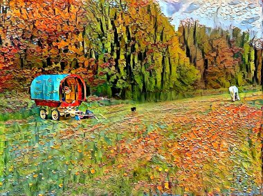 Gypsy Caravan, ve beyaz bir at, Shipley, İngiltere yakınlarındaki ormanlık alanda.