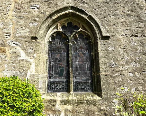 Arched Window Stained Glass Medieval Church Saint Mary Virgin Long — Stock Photo, Image