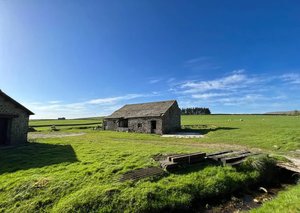 Akşamın ilerleyen saatlerinde, eski taştan çiftlik binaları, yüksek tepelerde Henside Yolu, Settle, İngiltere