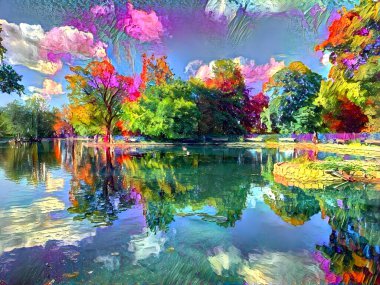 Lister Park, Bradford, İngiltere 'deki Tekne Gölü' nün oradaki Geç Yaz Günü.   