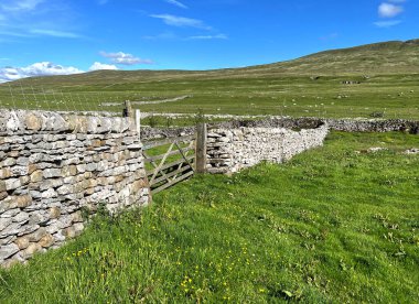 Malham Moor 'un manzarası, kuru bir taş duvarla kaplı, ve Malham, Skipton, İngiltere yakınlarındaki uzak tepeler.