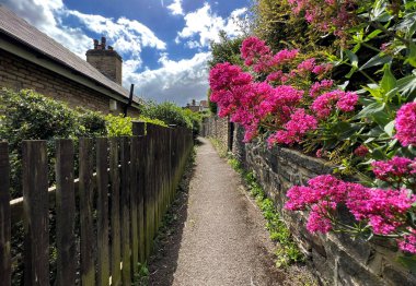Küçük patika, kırmızı çiçekler, ve ahşap korkuluklar, yakın, Baildon, İngiltere köyünde The Brow