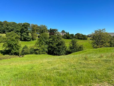 Rolling Lancashire countryside, with fields, a stream, and a vivid blue sky in, Grindleton, Clitheroe, UK