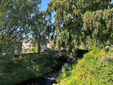 View of the old stone bridge, spanning Clapham Beck, with wild plants, trees, and stone cottages in, Clapham, Lancaster, UK