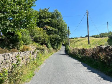 Silsden Road, with dry stone walls, wild plants, and old trees, on a summers day near, Low Bradley, Skipton, UK