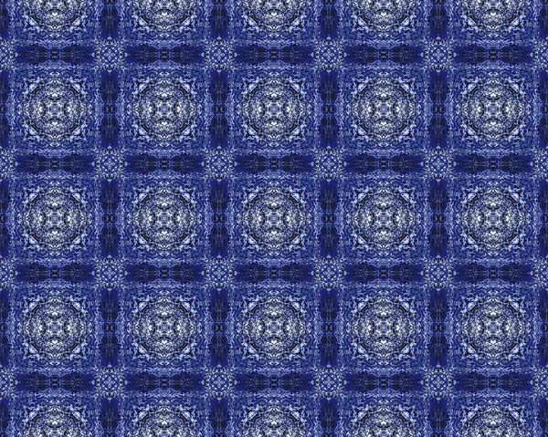 青いインドネシアのロシアのボホ ウズベキスタン幾何学模様 三角幾何学的バティックタイル ブルーヴィンテージエスニックテクスチャ モロッコの装飾画 海軍の花の床 Print — ストック写真