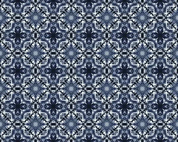 Цветочный Икат Индиго Голубая Этническая Печать Винтажная Геометрическая Батиковая Краска — стоковое фото