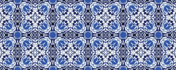 Blauwe Aquarel Bloemenprint Sierlijke Geometrische Batik Ikat Blauwe Marokkaanse Etnische — Stockfoto