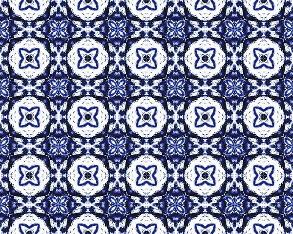 ブルーアメリカンモザイクフロア 水彩幾何学的バティック床 ブルーリスボンエンドレス ドローイング インドの幾何学模様のインク アラビア語の四重奏曲 インディゴ エスニック フラワー イカット — ストック写真