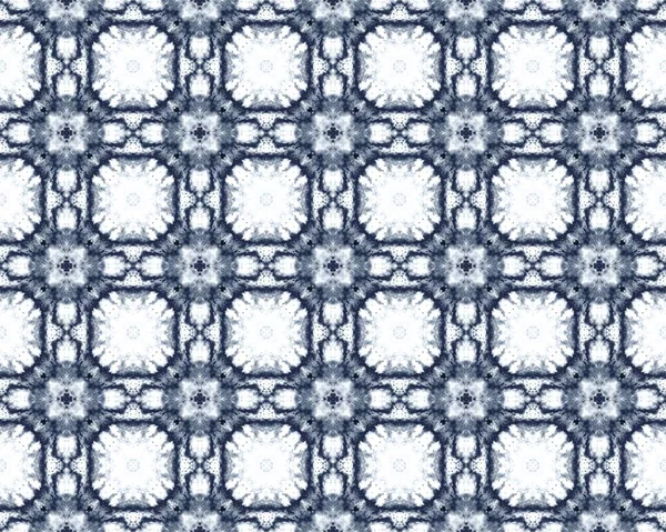 伝統的な幾何学的な花のタイル ヴィンテージ幾何学的バティックインク トルコのオーナメントスケッチ 青花イカット青アラベスク民族ペイント 青いインドのエンドレスの花 インディゴエスニック パターン Print — ストック写真