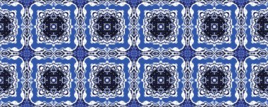 Geleneksel Mavi Çiçek Döşemesi. Mavi İspanyol Sonsuz Tasarımı. Klasik Geometrik Desen Ikat. Süslü Geometrik Doku. Beyaz Çiçek Batik Boyası. Fas Geometrik Mürekkebi. Mavi Etnik Kat