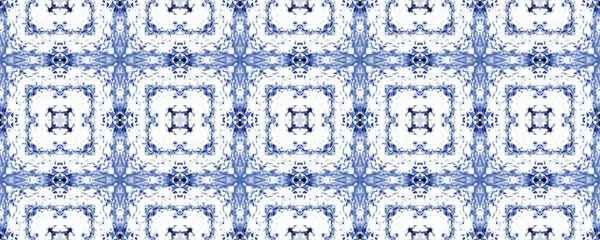 Blue Bohemian Endless Ikat Marocko Geometriska Mönster Bläck Vita Blommiga — Stockfoto