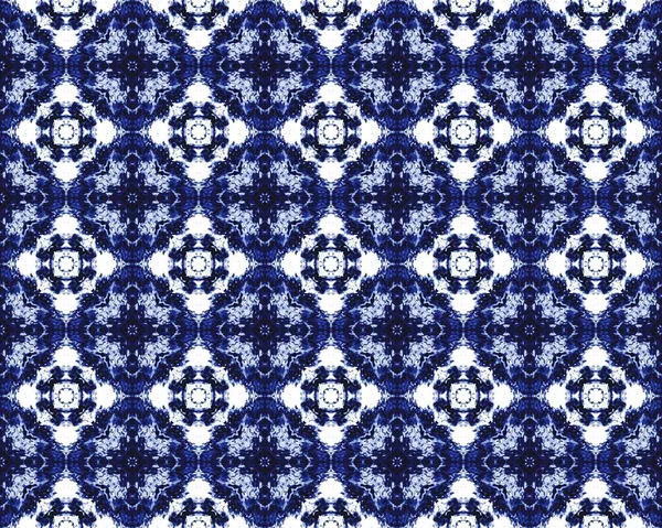 青の伝統的な素朴なインク ブルー ヴィンテージ エスニック フラワー インドの幾何学的バティックBoho 水彩幾何学模様タイル インディゴエスニックフラワーペイント モロッコの装飾画 青花インク — ストック写真