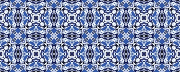 Blue Arabesque Mosaic Boho White Floral Pattern Ink Blue Indian — 图库照片