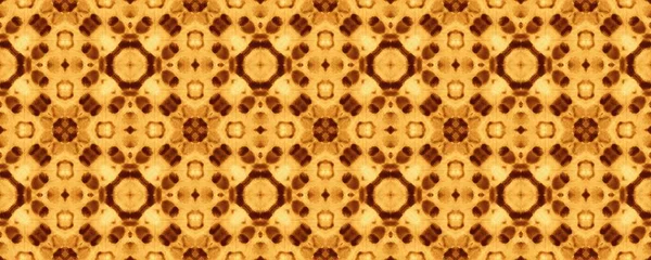 黄色のアラビア文字のエンドレスパターン 泥民族の花イカット ウズベキスタン幾何学的ボホ ラフヴィンテージクアトロフォイルテクスチャ 幾何学模様のタイルを成長させる モロッコ神話のイカト 茶色い花 Print — ストック写真