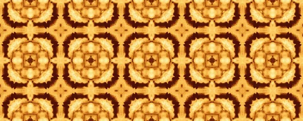 ブラウンインディアンエンドレスバティック オレンジ色の幾何学的花イカット 素朴な花のバティックペイント ラフトルコクアドレイユの花 モロッコ幾何学的プリント 伝統的なロシアのインク 黄色い民族ボホ — ストック写真
