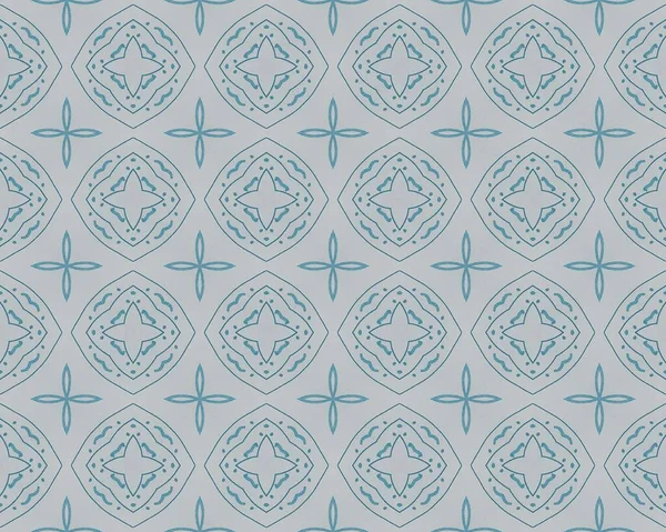 ヴィンテージ幾何学フラワータイル 青いトルコ民族の花 青いウズベキスタンの花の床 ブルーフローラルプリント モロッコ クアトロリフォイル デザイン 伝統的な幾何学的バティックBoho 灰色の民族模様 Ikat — ストック写真