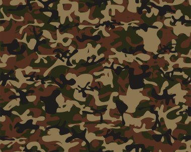 Kamuflaj ve haki rengi elementlerle kusursuz desen.