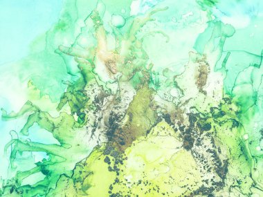 Altın Alkol Mürekkebi Mermeri. Lüks Su Rengi Tuvali. Bronz Su Boyası Suluboya. Folyo yağlı boya. Yeşil Mermer Suluboya. Mavi Gradyan Arkaplan. Akışkan Zarif Doku. Modern Soyut Resim.