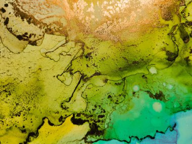 Altın rengi mermer. Altın doğulu arka plan. Mavi Sanat Boyası. Mavi Mermer Suluboya. Altın Alkol Mürekkep Tablosu. Yeşil Su Renkli Suluboya. Mavi Işık Zarif Parıltısı. Modern Soyut Resim.