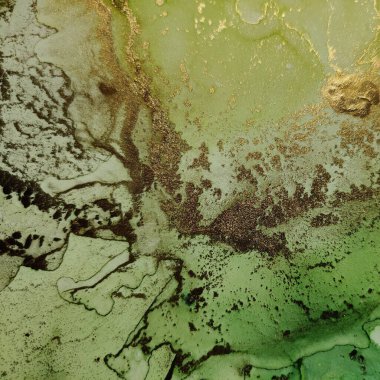 Altın Alkol Mürekkebi Mermeri. Parlak Alkol Mürekkebi Arkaplanı. Altın Su Renk Tablosu. Yeşil Mermer Arkaplan. Folyo Sanat Boyası. Yeşil Gradyan Suluboya. Akıcı Zarif Parıltı. Lüks Soyut Ressamlık.