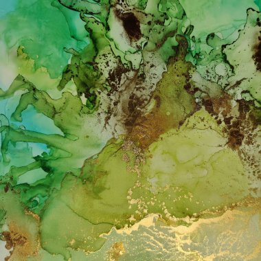 Folyo Su Boyası Mermeri. Mavi Mermer Suluboya. Yeşil Sanat Boyası. Parlak Su Rengi Arkaplanı. Altın doğulu arka plan. Altın Alkol Mürekkebi Mermeri. Akışkan Şablon. Modern Soyut Resim.