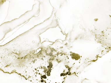 Altın Alkol Mürekkebi Parıltısı. Altın mürekkep boyası. Folil Grunge arka planı. Tahıl Soyut Arkaplan. Alkol Mürekkebi Geçmişi. Hafif Lüks Şablon. Beyaz Su Renkli Grunge. Altın Lüks Altın Şablon.