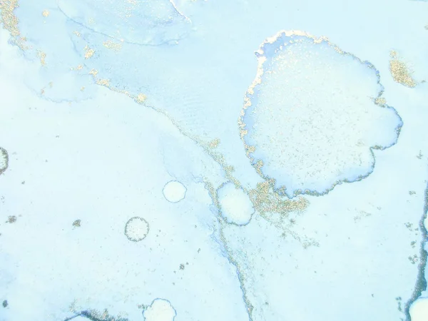 ゴールドウォーターカラー大理石 ブロンズ水の色背景 油絵具 オリエンタルウォーターカラーを箔 青い大理石の背景 ホワイトアルコールインクキャンバス エレガントな輝きを放つ 豪華な抽象絵画 — ストック写真