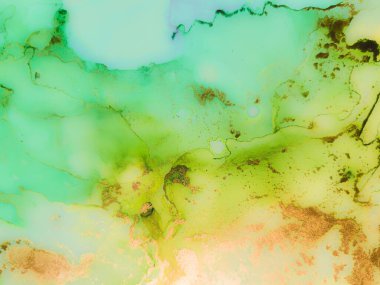 Mavi Alkol Mürekkebi Mermeri. Altın Sanat Boyası. Yeşil Su Renkli Suluboya. Mavi Işık Zarif Modeli. Mavi Doğu Arkaplanı. Altın rengi tuval. Modern Soyut Şablon. Altın Mermer Suluboya.