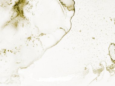 Altın Su Rengi Parıltısı. Akışkan Beyaz Şablon. Altın beyazı soyut resim. Alkol Mürekkebi Geçmişi. Parlak Alkol Mürekkebi Parıltısı. Altın Sanat Boyası. Beyaz Derece Arkaplan. Hafif Grunge Arkaplanı.