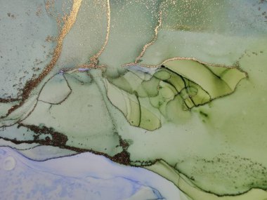 Altın Alkol Mürekkebi Mermeri. Foil Soyut Arkaplan. Mavi Yağlı Boya. Lüks Su Rengi Tuvali. Yeşil Mermer Suluboya. Bronz Su Rengi Arkaplanı. Akışkan Zarif Doku. Lüks Soyut Şablon.