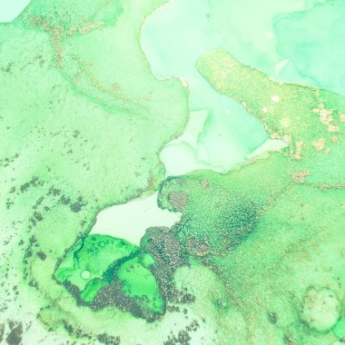 Altın rengi mermer. Parlak Sulu Suluboya. Foil Gradyan Suluboya. Altın Alkol Mürekkep Tablosu. Folyo Sanat Boyası. Yeşil Mermer Arkaplan. Akışkan Şablon. Lüks Soyut Ressamlık.