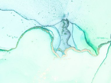 Altın Alkol Mürekkebi Mermeri. Altın Sıvı Zarif Parıltısı. Altın Mermer Arkaplan. Lüks Soyut Şablon. Mavi Su Renk Tablosu. Mavi Doğu Suluboya. Mavi Sanat Boyası. Yeşil Su Rengi Arkaplanı.