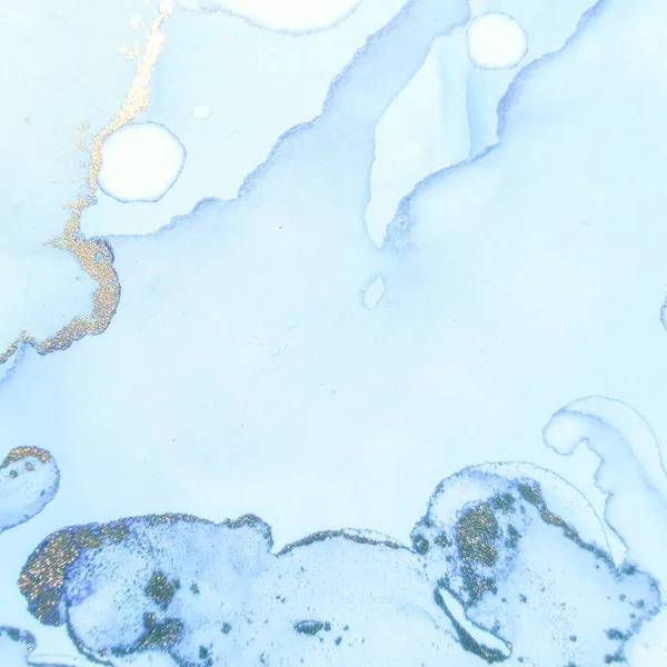 ブルーアルコールインク大理石 黄金の水の色大理石 大理石の背景を箔 ブロンズ水の色背景 ゴールドオリエンタル水彩 金の油絵具 ライトエレガントな輝き 高級アブストラクトテンプレート — ストック写真