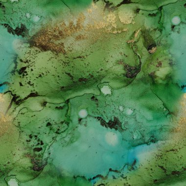 Folyo Su Boyası Mermeri. Yeşil mürekkep boyası. Altın Alkol Mürekkebi Mermeri. Lüks, kusursuz şablon. Jeodot Kusursuz Tekrarlama. Mavi Mermer Arkaplan. Altın doğulu suluboya. Bronz Alkol Mürekkebi Arkaplanı.