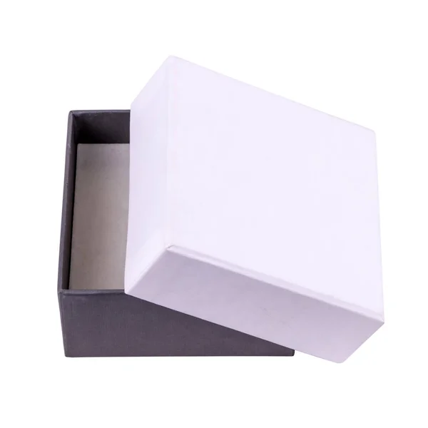 Λευκό Μαύρο Κουτί Δώρου Ανοιχτό Και Απομονωμένο Λευκό Φόντο — Φωτογραφία Αρχείου