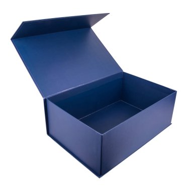 Mavi, hediye kutusu, beyaz arka planda açık ve izole bir kutu.