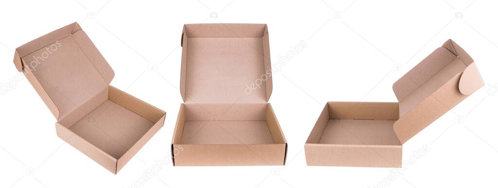 collection of open cardboard boxes, monochromatic, in different angles, isolated on white background, empty space