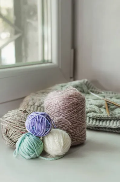 Knitting Needles Colorful Threads Selection Colorful Wool Yarns Knitting Background — Stock Photo, Image