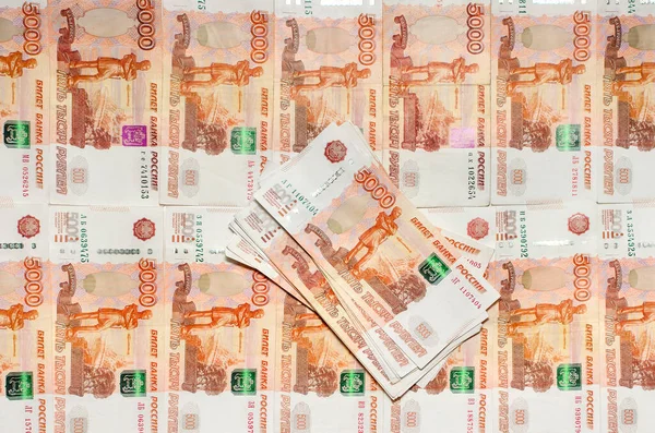 Muchos Billetes Cinco Milésimas Rublos Rusos Primer Plano Vista Desde — Foto de Stock